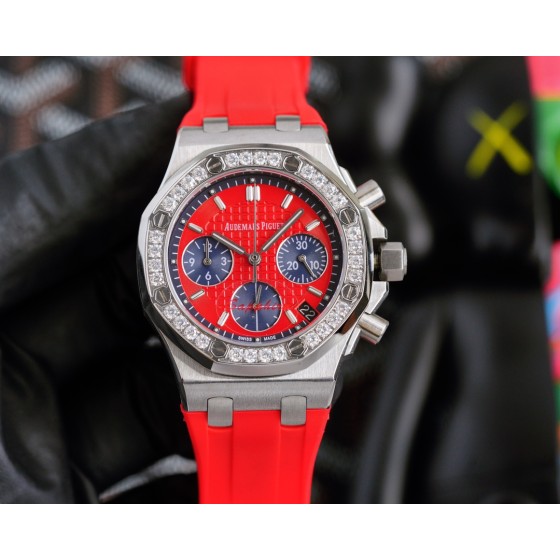 AP 爱彼六针计时进口石英机芯38mm316精钢壳套、进口橡胶带表盘饰以Lady Tapisseri