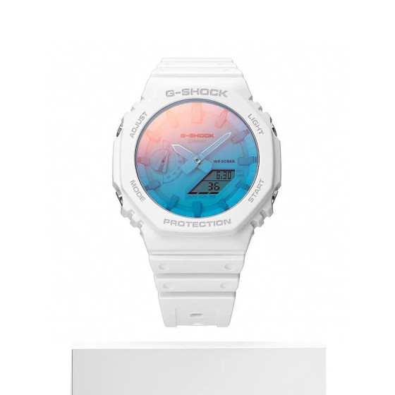 沙滩炫彩系列半透明渐变限量
型号：GA-2100
功能：秒表（精确到1/1000秒）世界时间，倒