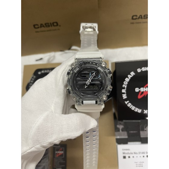 新款透明冰韧系列限量款
型号GA-900
功能：太阳能，秒表（精确到1/1000秒）世界时间，倒