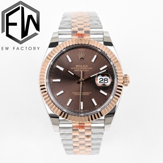 EW劳力士18K包金日志型41系列
①上海3235一体机芯，真空包18K黄金牙圈、把头等，永不褪色